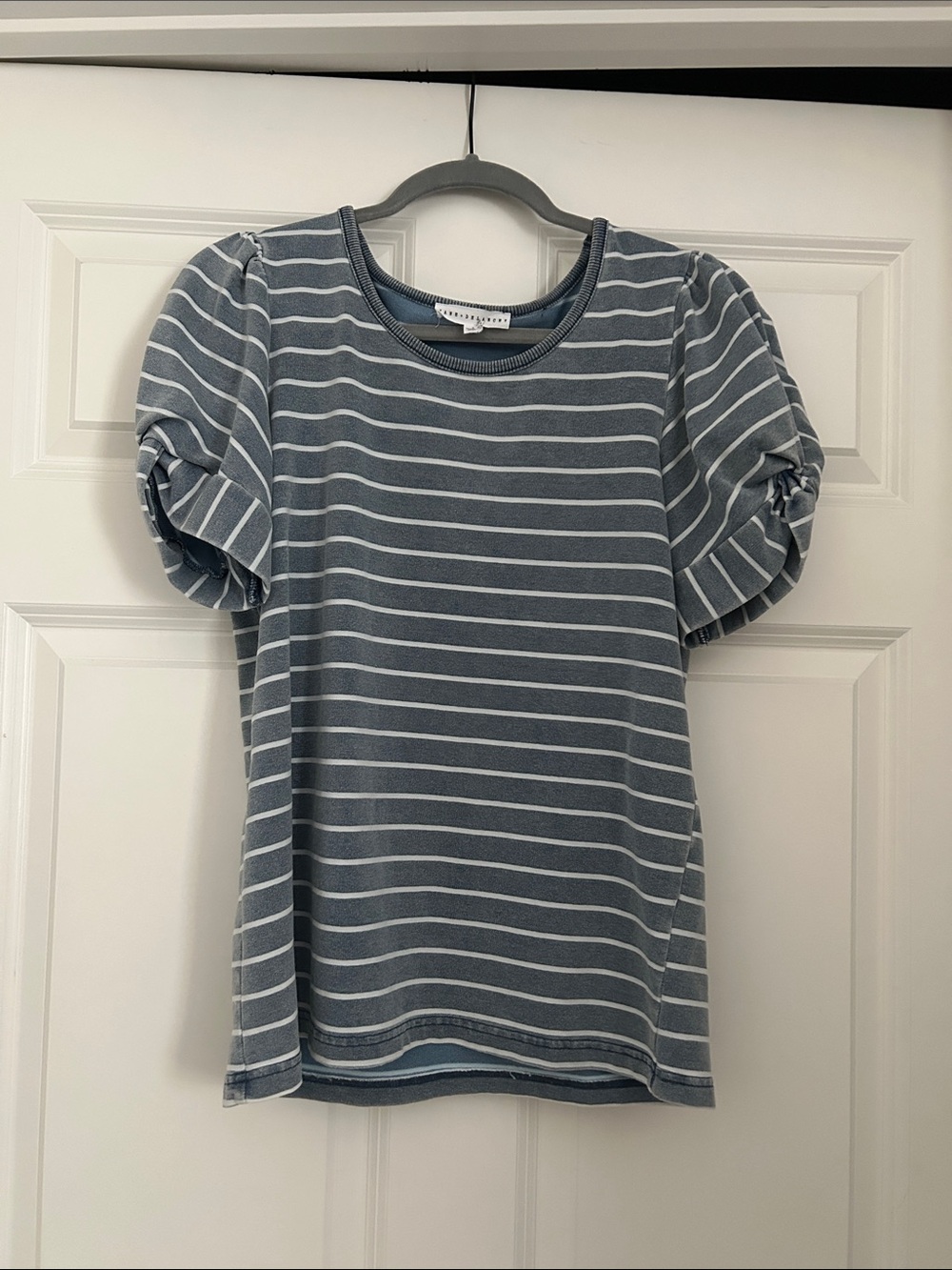 Jane and Delancey Blue and White Striped Puff Sleeve Tee